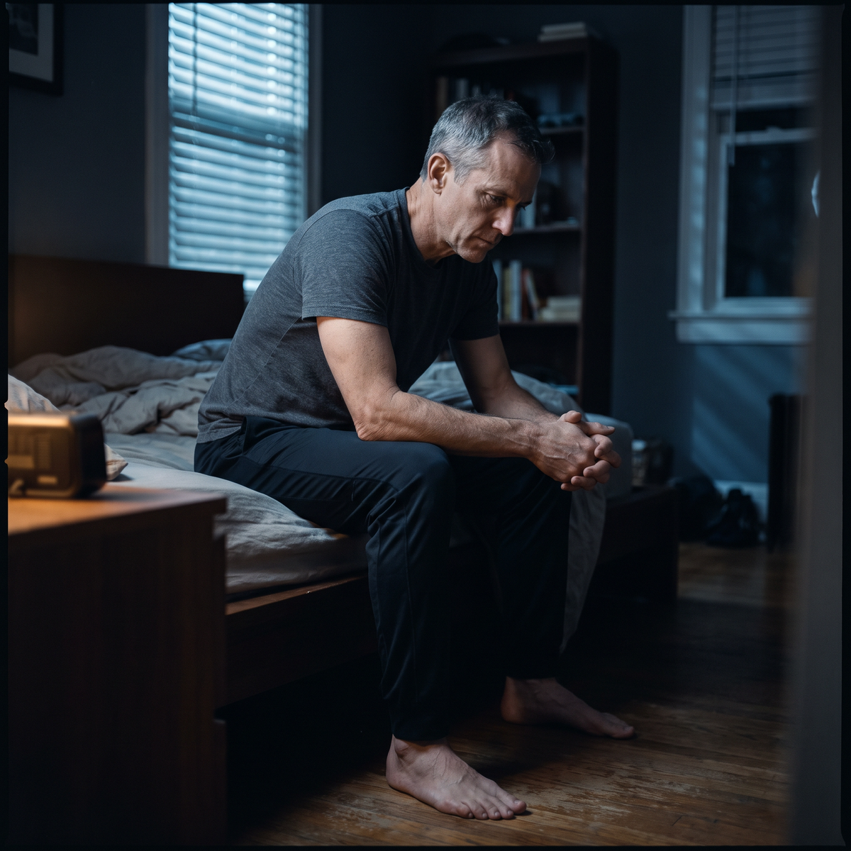 Man in his fifties sitting awake on the edge of his bed at night